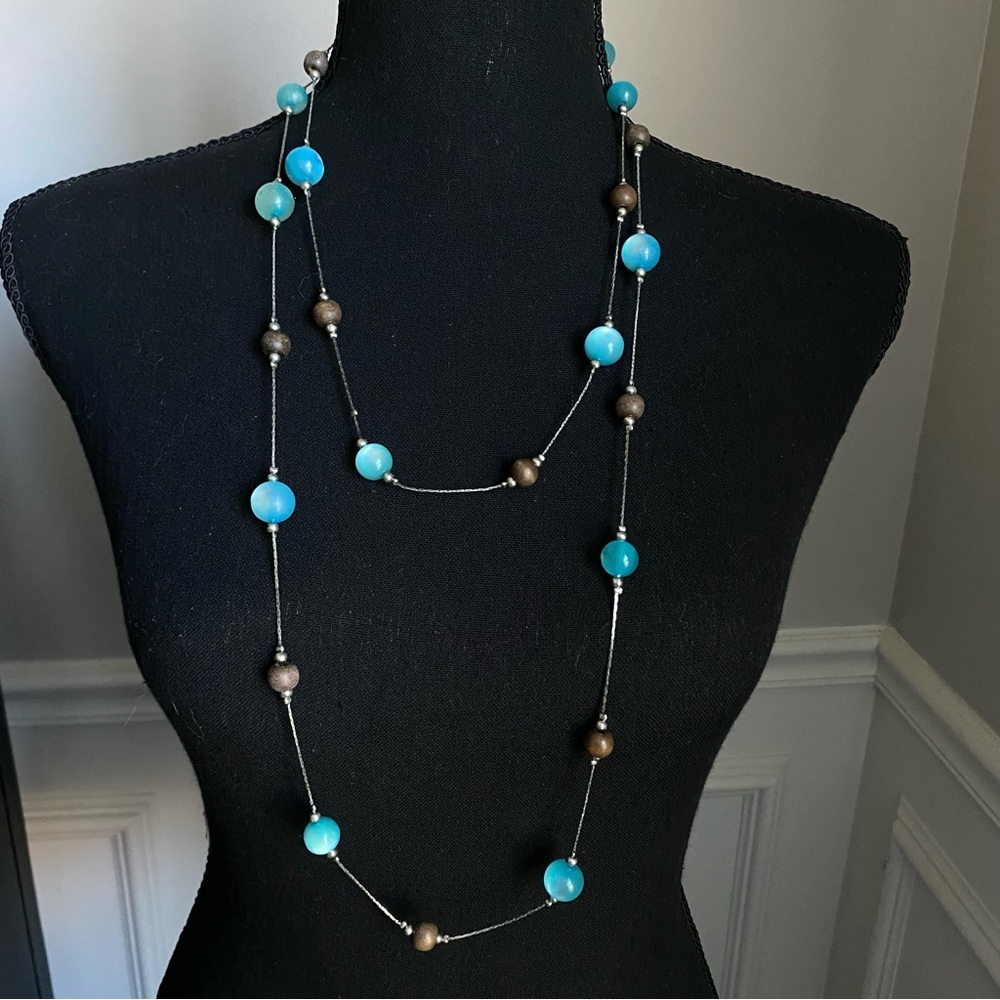 Silver Tone Blue & Wooden Beaded‎ Very Long Necklace